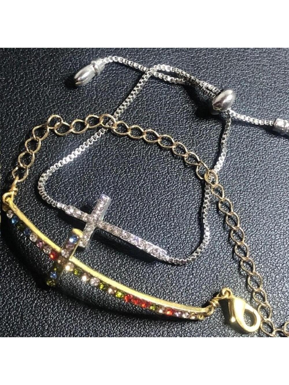 B1518 Lot of 2 Cross Bracelets Rainbow Crystal  Slider Gold/silvertone 6"-7.25" - Picture 3 of 3
